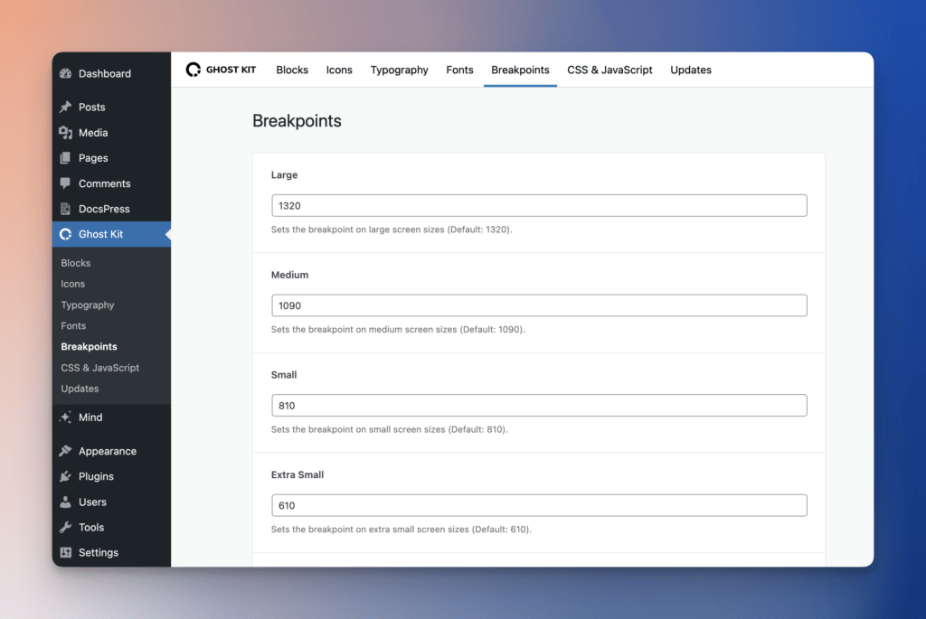 Breakpoints settings