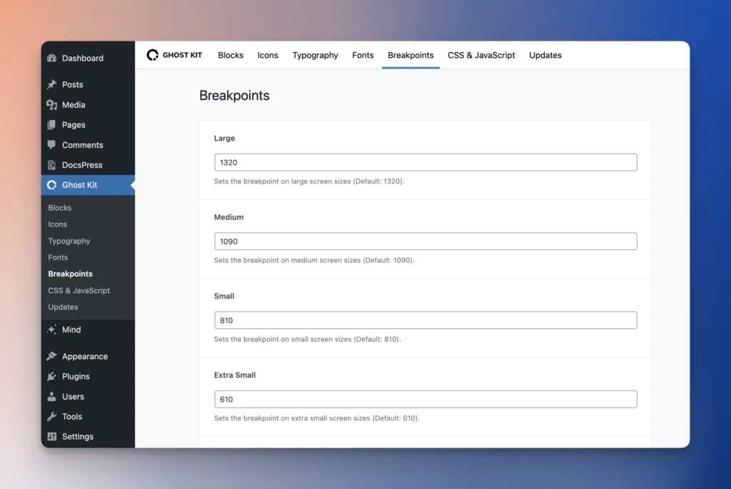 Breakpoints settings