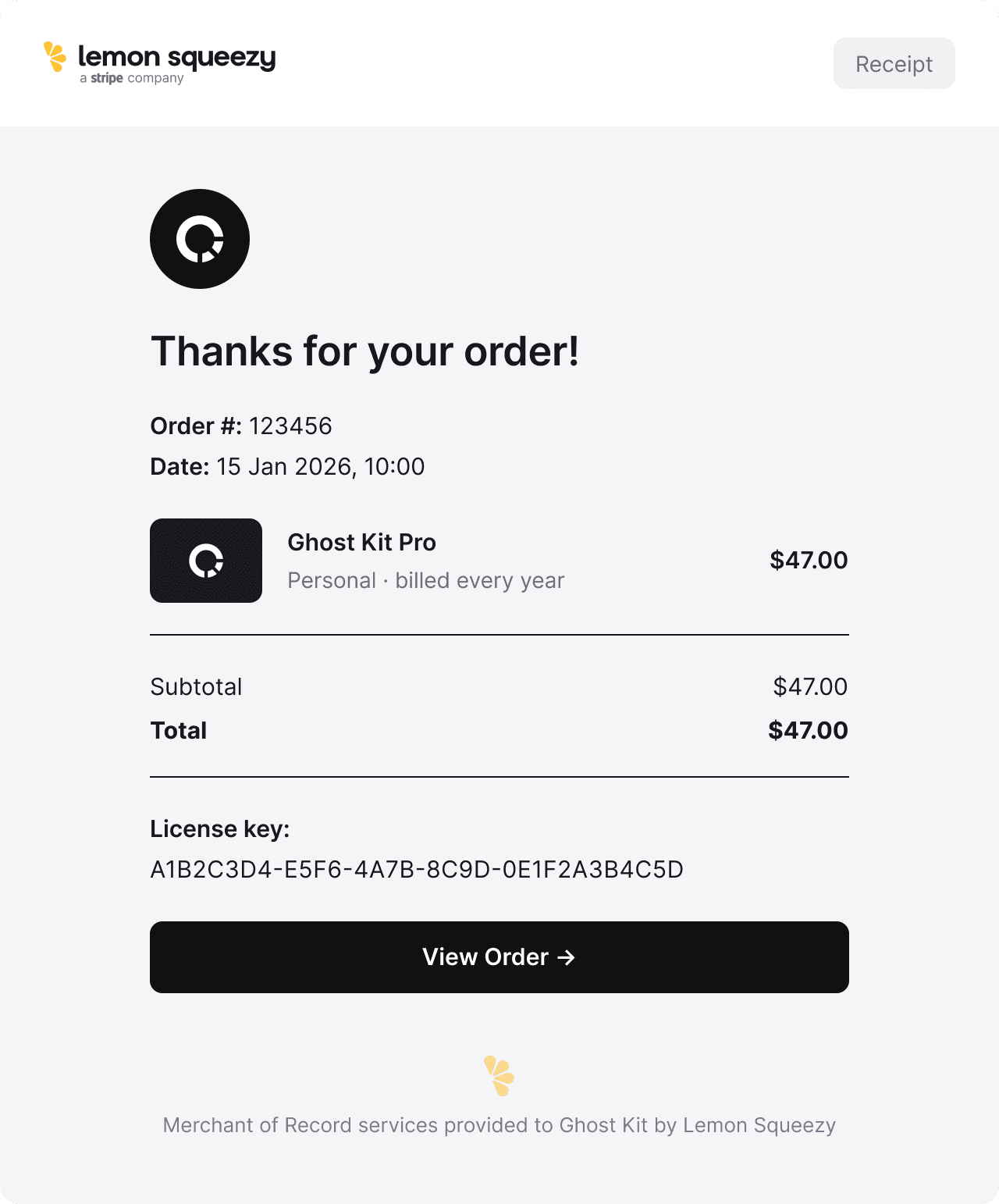 Example of a Lemon Squeezy receipt for Ghost Kit Pro