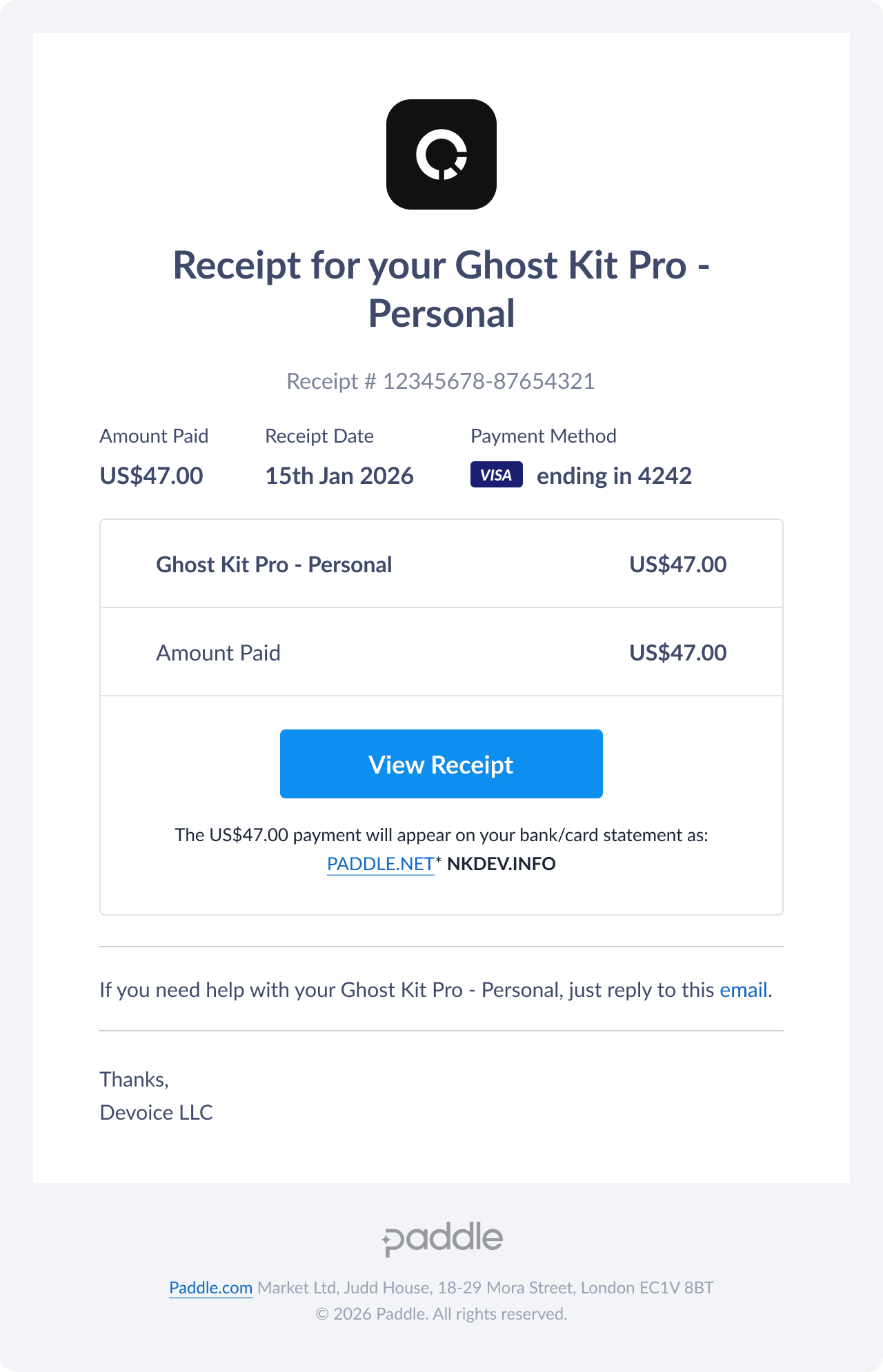 Example of a Paddle receipt for Ghost Kit Pro